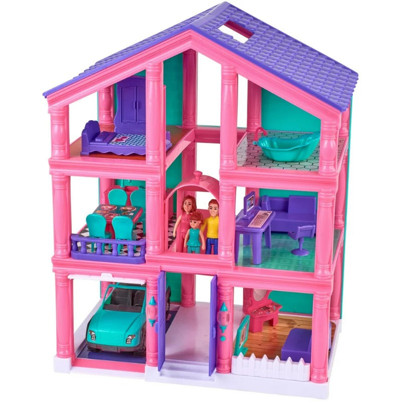 3-Story Dollhouse Play Set with Working Garage and Elevator, 24 Pieces