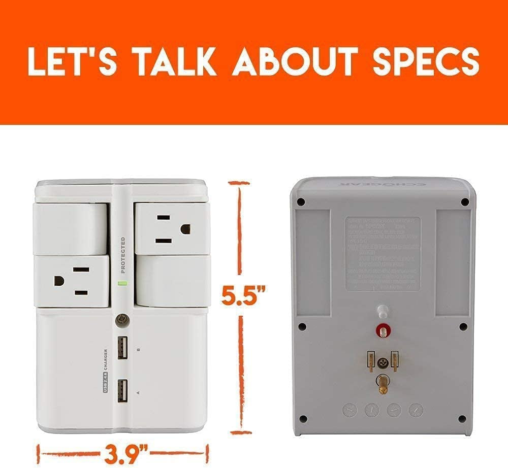 On-Wall Surge Protector with 4 Pivoting AC Outlets & 2 USB Ports – Packs 1080 Joules of Surge Protection & Installs on Existing Outlets to Protect Your Gear