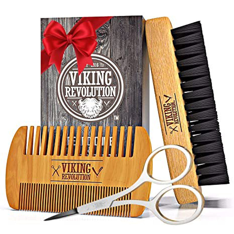 Beard Comb & Beard Brush Set for Men - Natural Boar Bristle Brush & Dual Action Pear Wood Comb W/Velvet Travel Pouch
