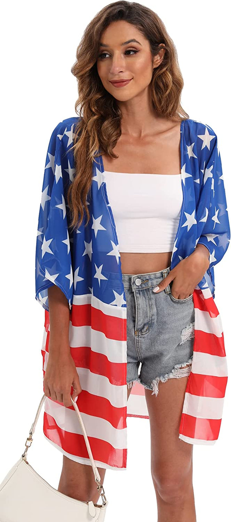 Women's American Flag Kimono Cover up Beachwear Cardigan Loose Tops Shirt Blouse