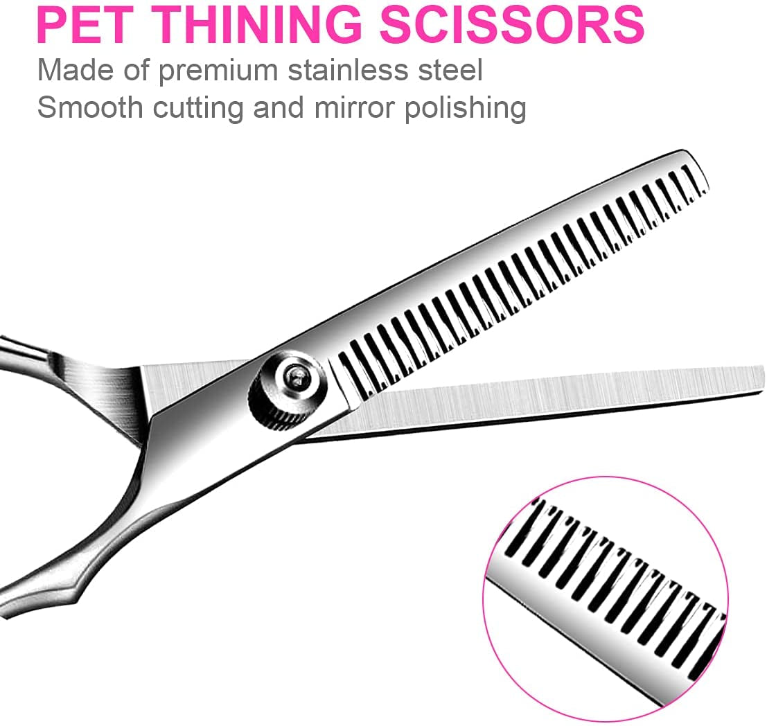 Dog Grooming Scissors Kit with Safety round Tips, Stainless Steel Professional Dog Grooming Shears Set - Thinning, Straight, Curved Shears and Comb for Long Short Hair for Dog Cat Pet