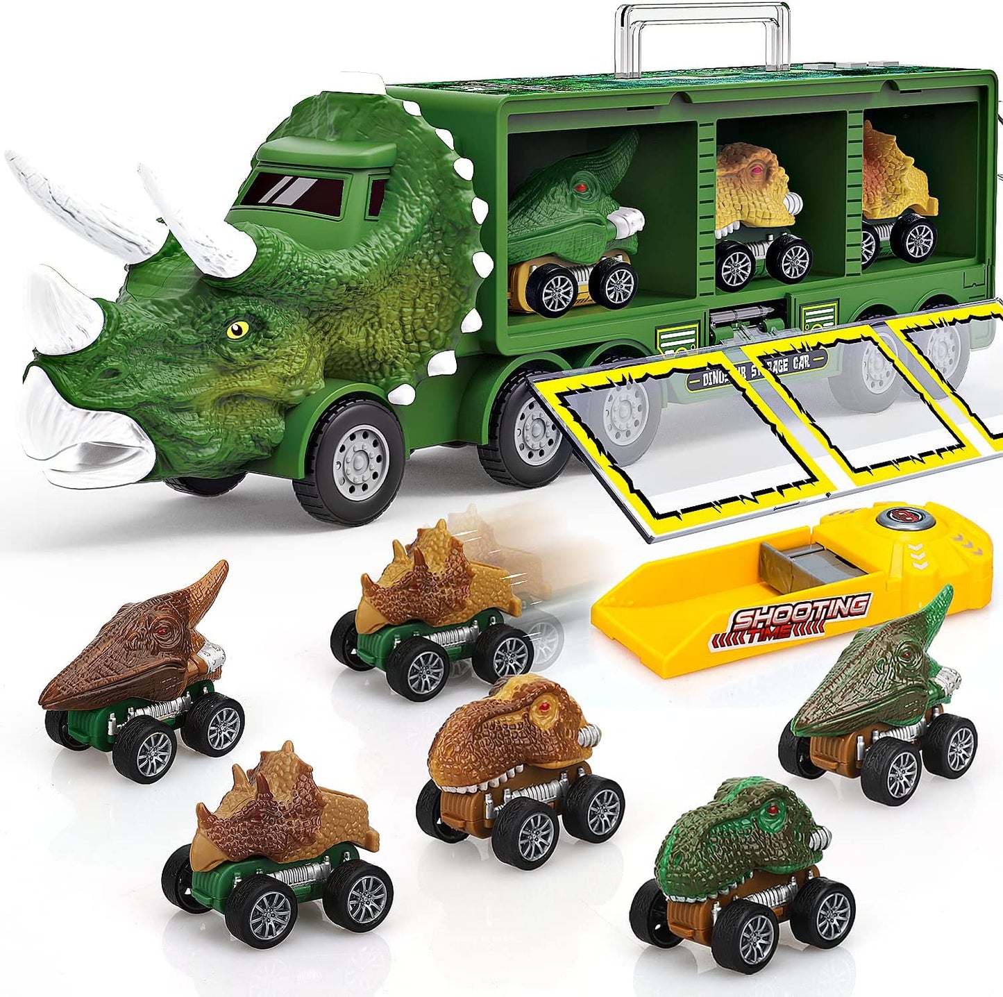 TOY Life Dinosaur Toys for Kids 3-7, Dinosaur Truck with 6 Pull Back Dinosaur Cars, 8 in 1 Dino Toys for Boys and Girls, Dinosaur Transport Truck with High Speed Launcher for Kids