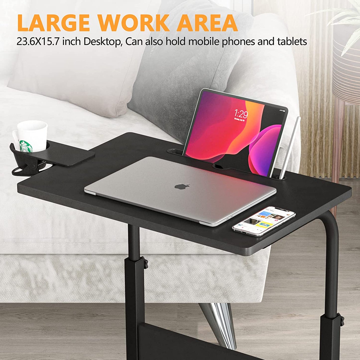 Standing Desk Adjustable Height, Stand up Desk with Cup Holder, Portable Laptop Desk, Mobile Standing Desk, Small Computer Desk, Bedside Table, Black Rolling Desk, Work Desk for Home Office