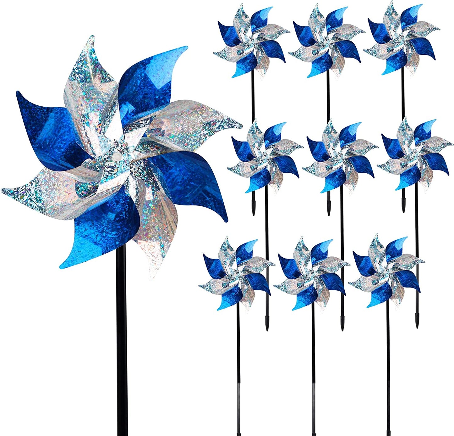 10 Pack Reflective Pinwheels Patriotic Decorations, American Flag on Stick Wind Spinner with Stake for Independence Day, Memorial Day July of 4th Party Supplies, Scare Birds Repellent Devices