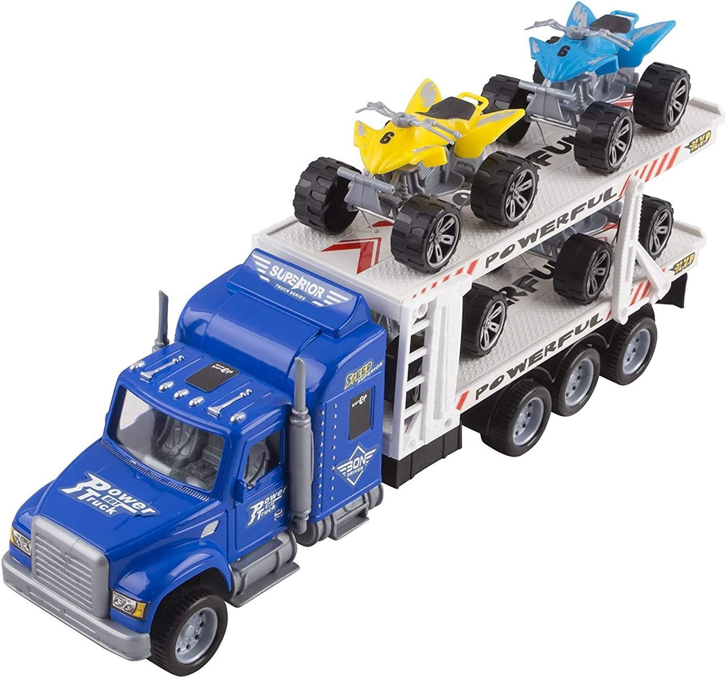 Semi Truck Trailer 15" Includes 4 Atvs Friction Carrier Hauler Kids Push and Go Big Rig Auto Transporter Vehicle Semi-Truck Car Pretend Play for Children Boys Girls Toddlers