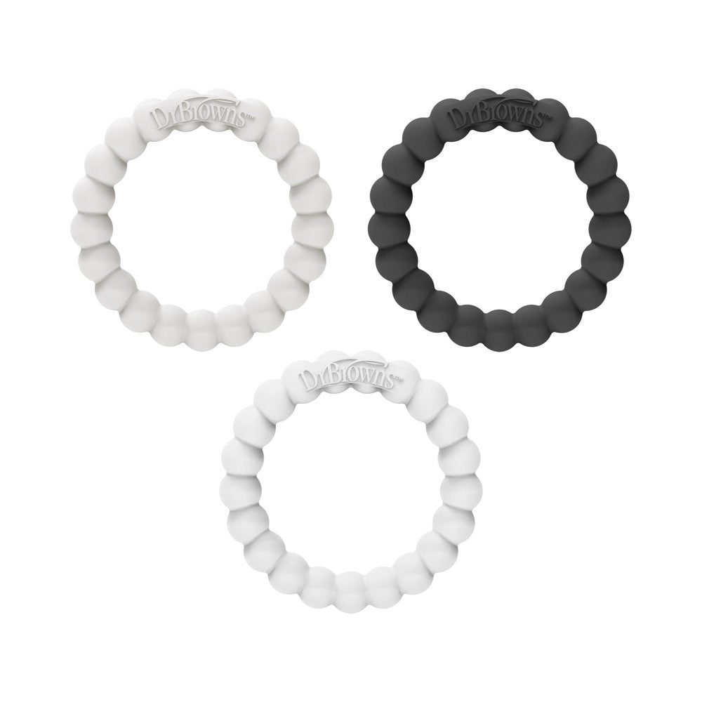 Dr. Brown’S Flexees Beaded Teether Rings, 100% Silicone, Soft & Easy to Hold, Encourages Self-Soothe, 3 Pack, Pink, White, Gray, BPA Free, 3M+