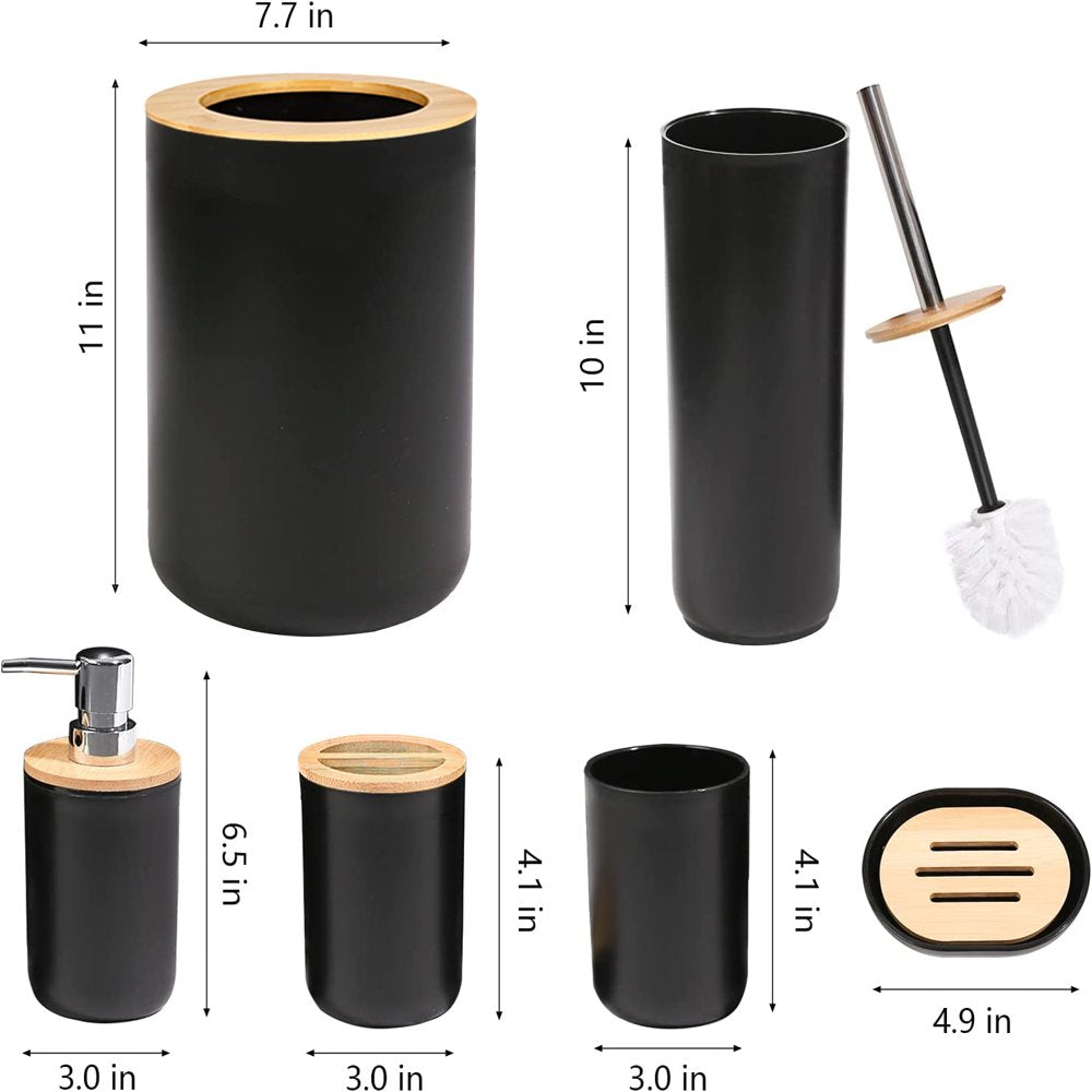 Bamboo Bathroom Accessory Set, 6 Pieces Bath Set- Soap Dish Toothbrush Holder Rinse Cup Lotion Bottle Trash Can Toilet Brush - Practical Toilet Kit for Home Washing Room,Black