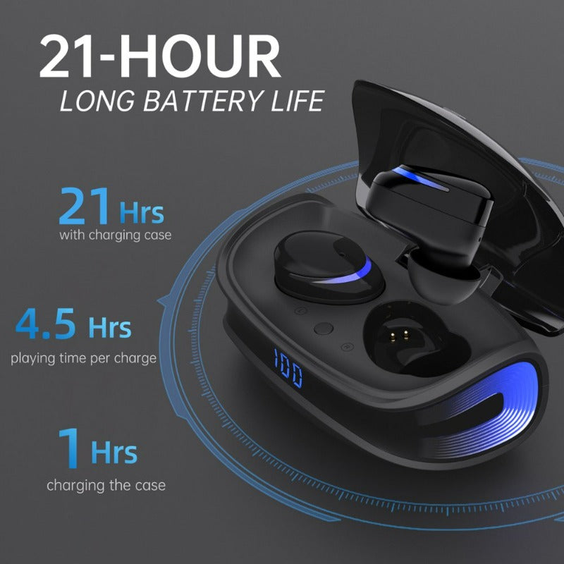 Bluetooth 5.0 Headphones IPX8 Waterproof, Hight-Fidelity Stereo Sound Quality in Ear Headset, Built-In Mic LED Charging Case & 21 Hours Playtime