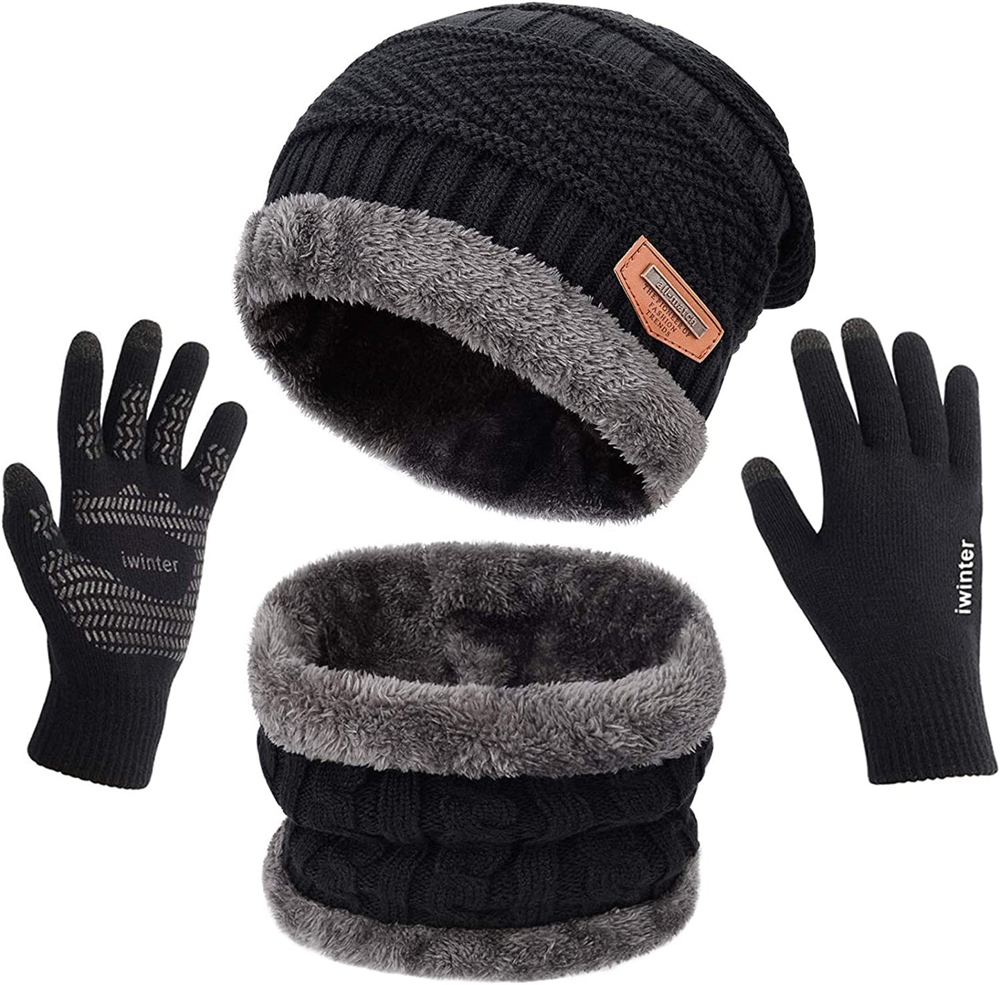 Winter Knit Sherpa Beanie Hat & Neck Warmer Scarf & Touch Screen Gloves Set 3 Pcs Sherpa Lined Skull Cap for Men Women
