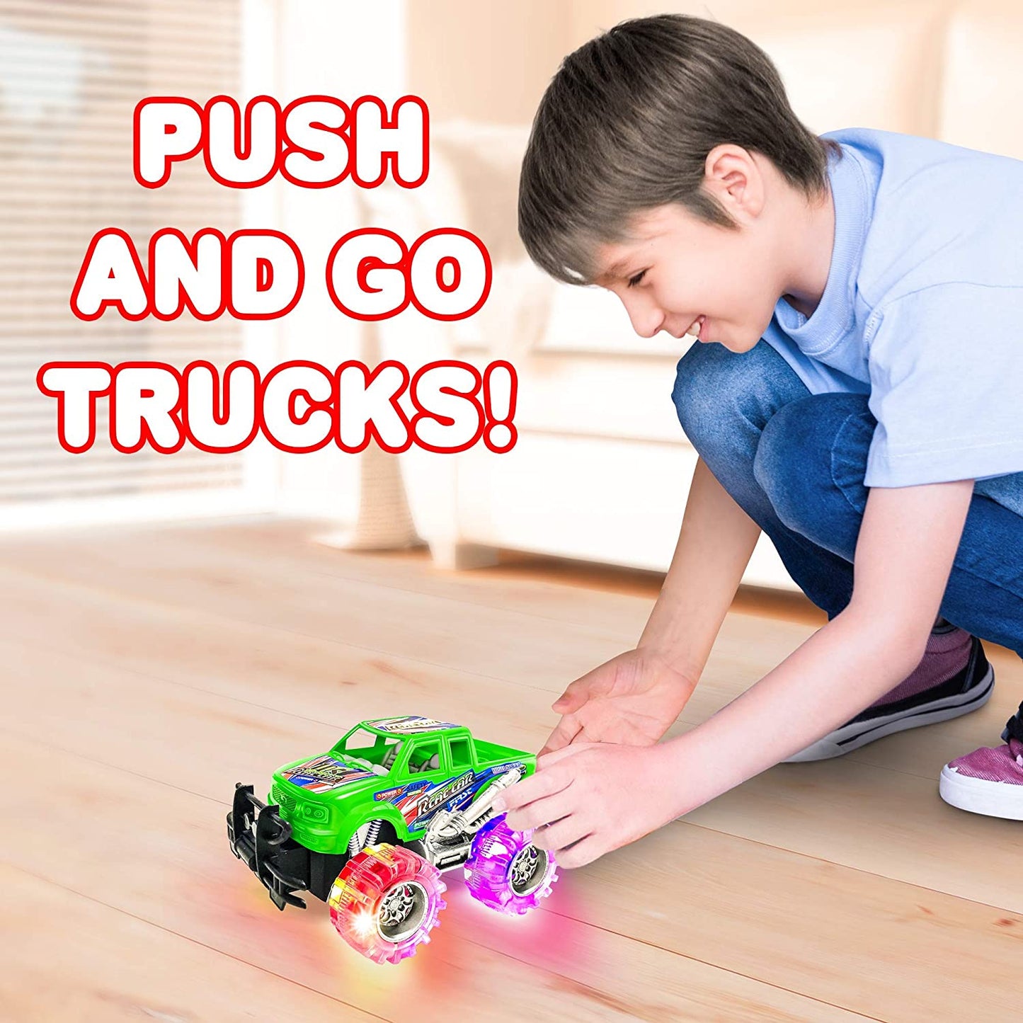 Artcreativity Pink and Green Light up Monster Truck Set for Boys and Girls, Set Includes 2, 6 Inch Monster Trucks with Beautiful Flashing LED Tires, Push N Go Toy Cars, Best Gift for Kids, for Ages 3+
