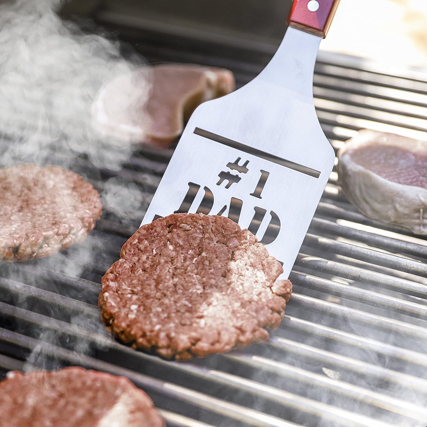 BBQ Grill Tools Set Gift for Dad, 4 Piece Set, Number 1 Dad Tongs, Spatula, Digital Thermometer and Case