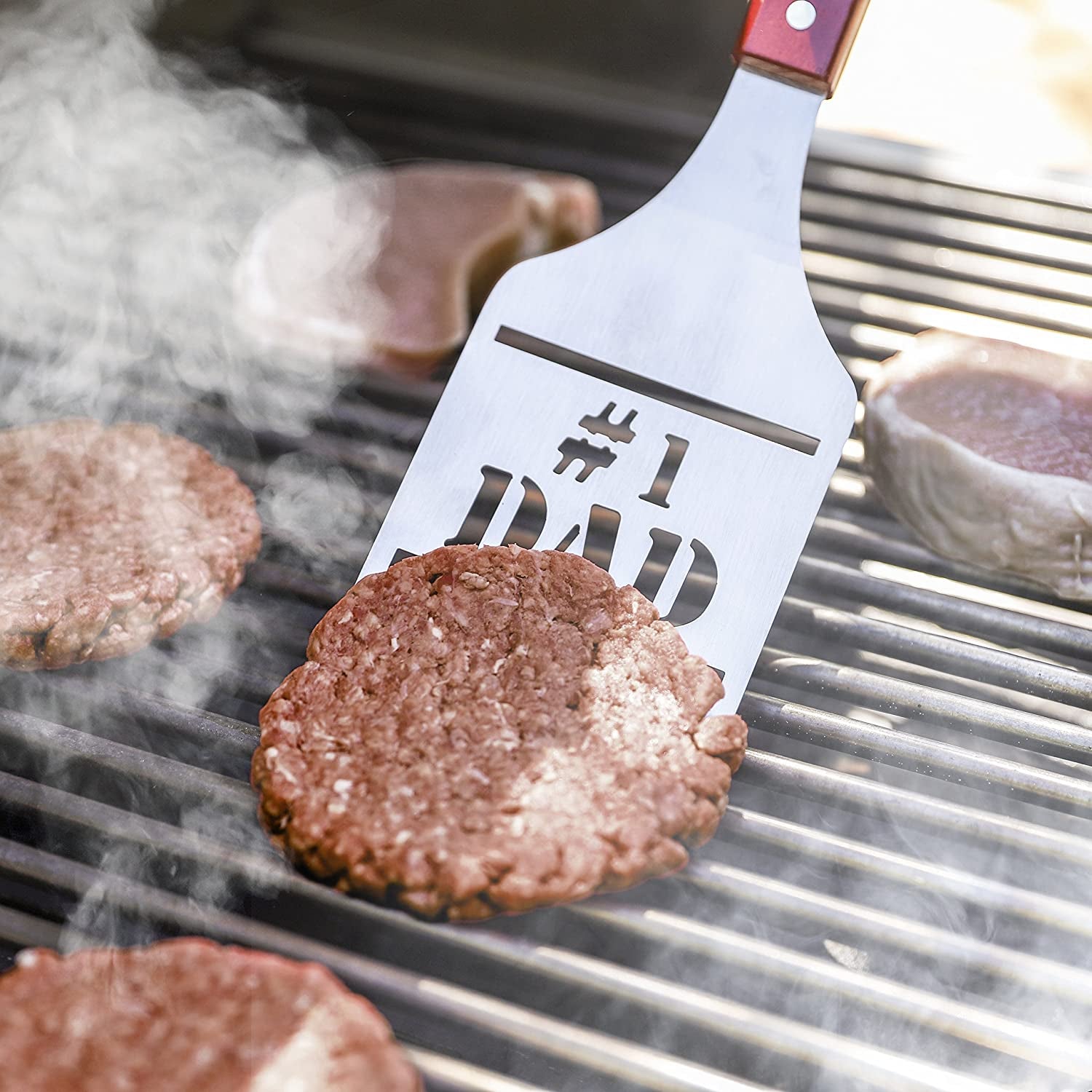 BBQ Grill Tools Set Gift for Dad, 4 Piece Set, Number 1 Dad Tongs, Spatula, Digital Thermometer and Case