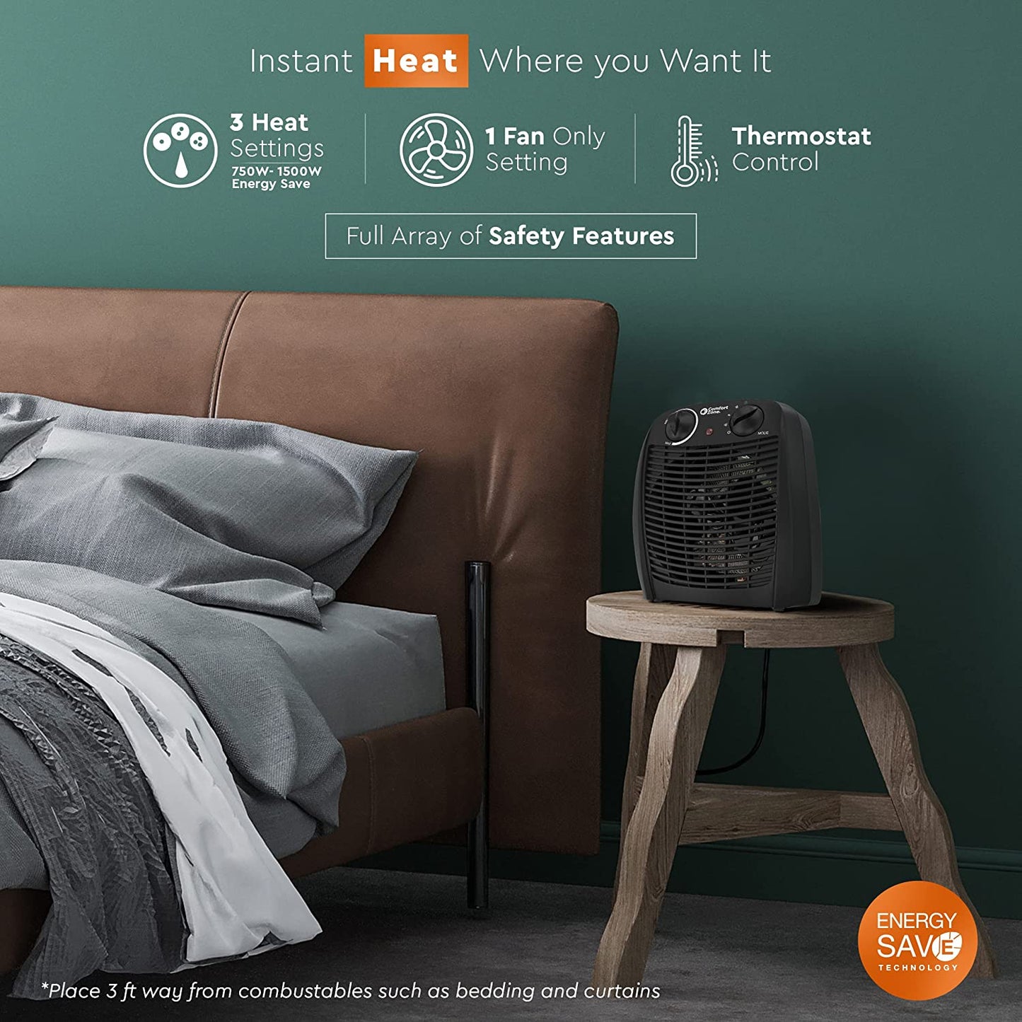 Comfort Zone CZ45E Personal Heater, 1500W with Adjustable Thermostat , Energy Saving, with Overheat Safety Sensors and Tip-Over Switch