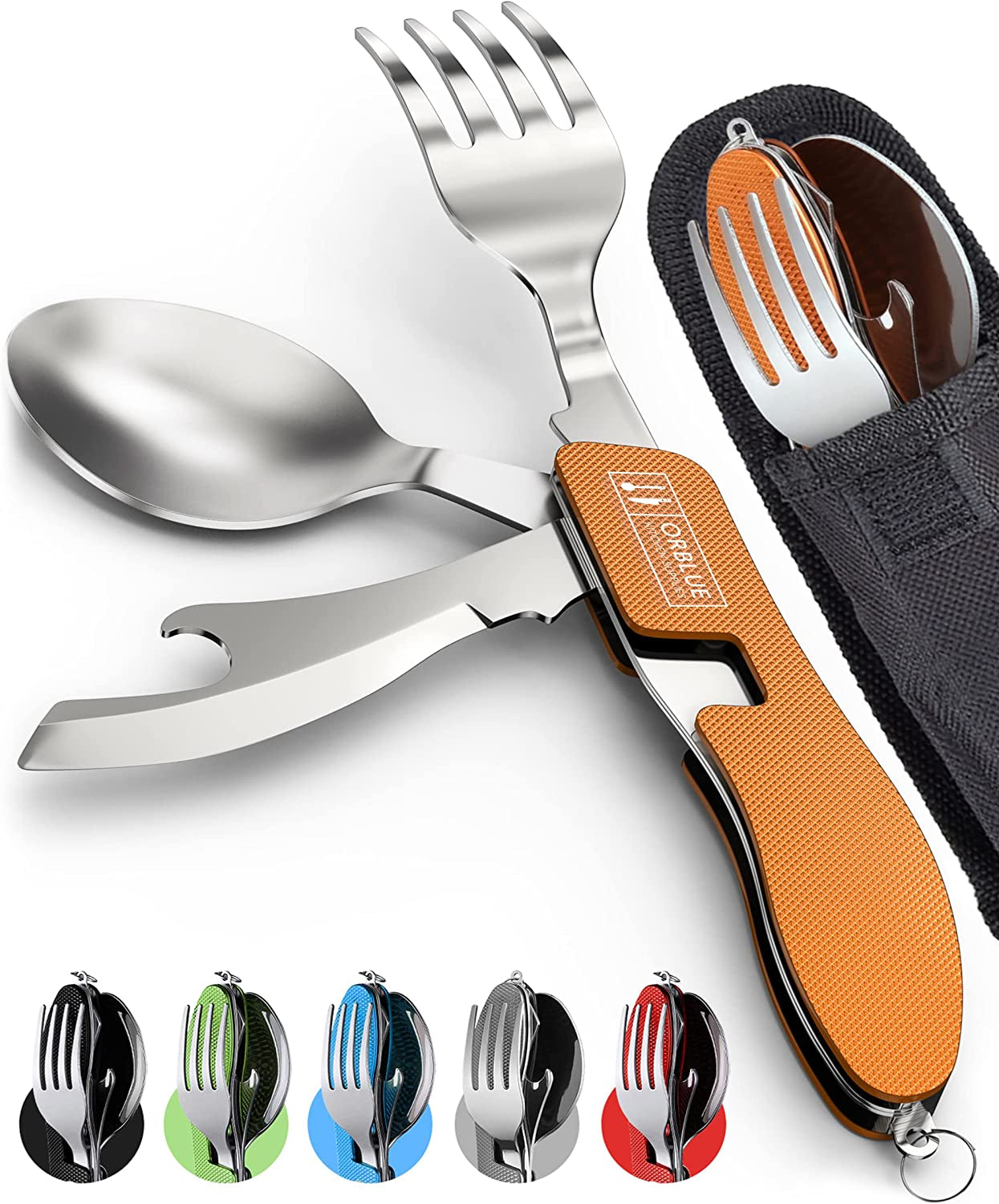 Orblue 4-in-1 Camping Utensils, 2-Pack - Portable Stainless Steel Spoon, Fork, Knife & Bottle Opener Combo Set - Travel, Backpacking Cutlery Multitool, Blue