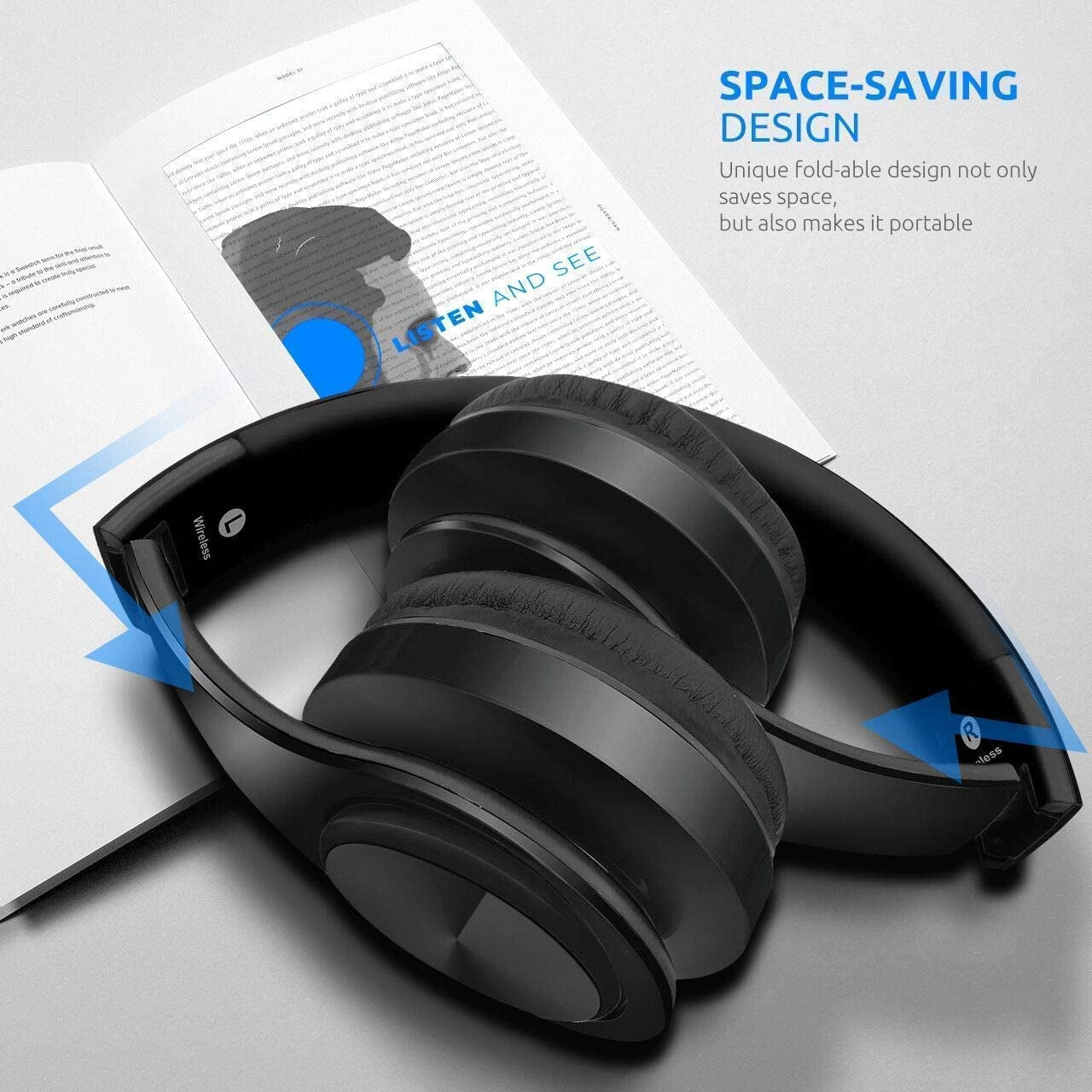 Waterproof Over-Ear Headphones, V5.0 HD Stereo Sound Sports Wireless Over-Ear Headphones with Mic, Passive Noise Cancelling Headsets, 9 Hours Battery