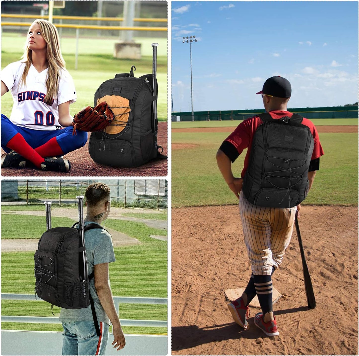 29L Baseball Backpack, Softball Bat Bag with Shoes Compartment Lightweight Baseball Bag with Fence Hook