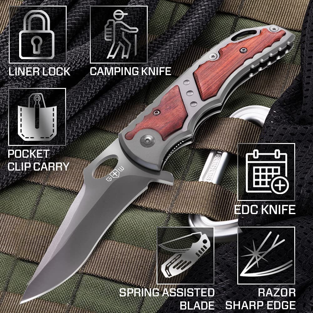 Pocket Knife - Spring Assisted Knife - Tactical Survival Folding Knives - Best EDC Camping Hiking Hunting Boy Scout Knofe Gear Accessories for Men Wood Handle Sharp Blade Knifes - Gift for Men 97010