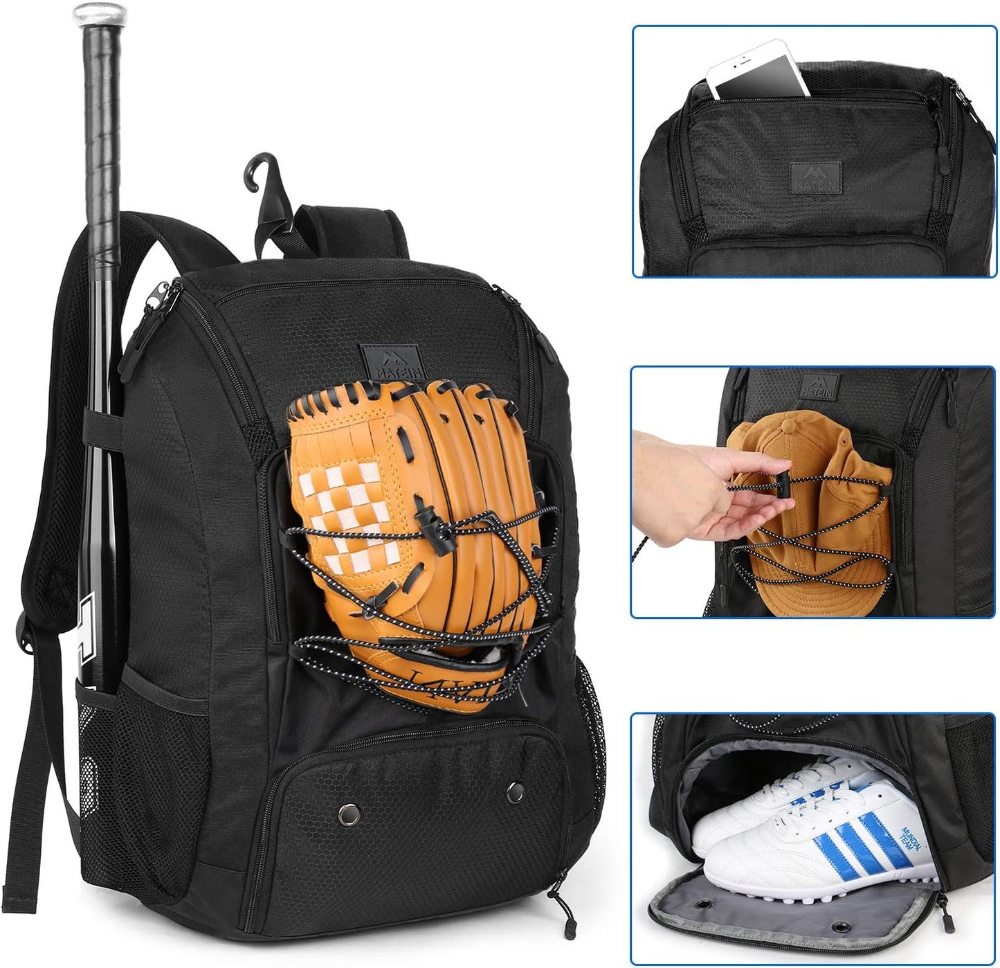 29L Baseball Backpack, Softball Bat Bag with Shoes Compartment Lightweight Baseball Bag with Fence Hook