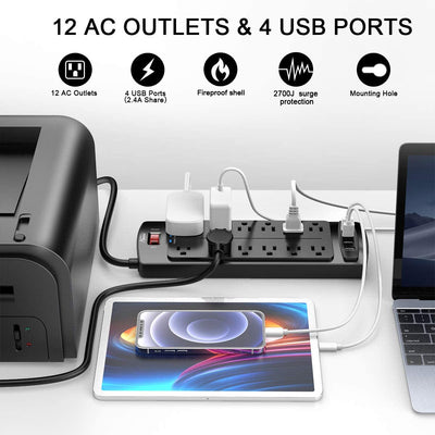 Power Strip, Surge Protector with 12 Outlets and 4 USB Ports, 6 Feet Extension Cord (1875W/15A), 2700 Joules, ETL Listed