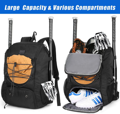29L Baseball Backpack, Softball Bat Bag with Shoes Compartment Lightweight Baseball Bag with Fence Hook