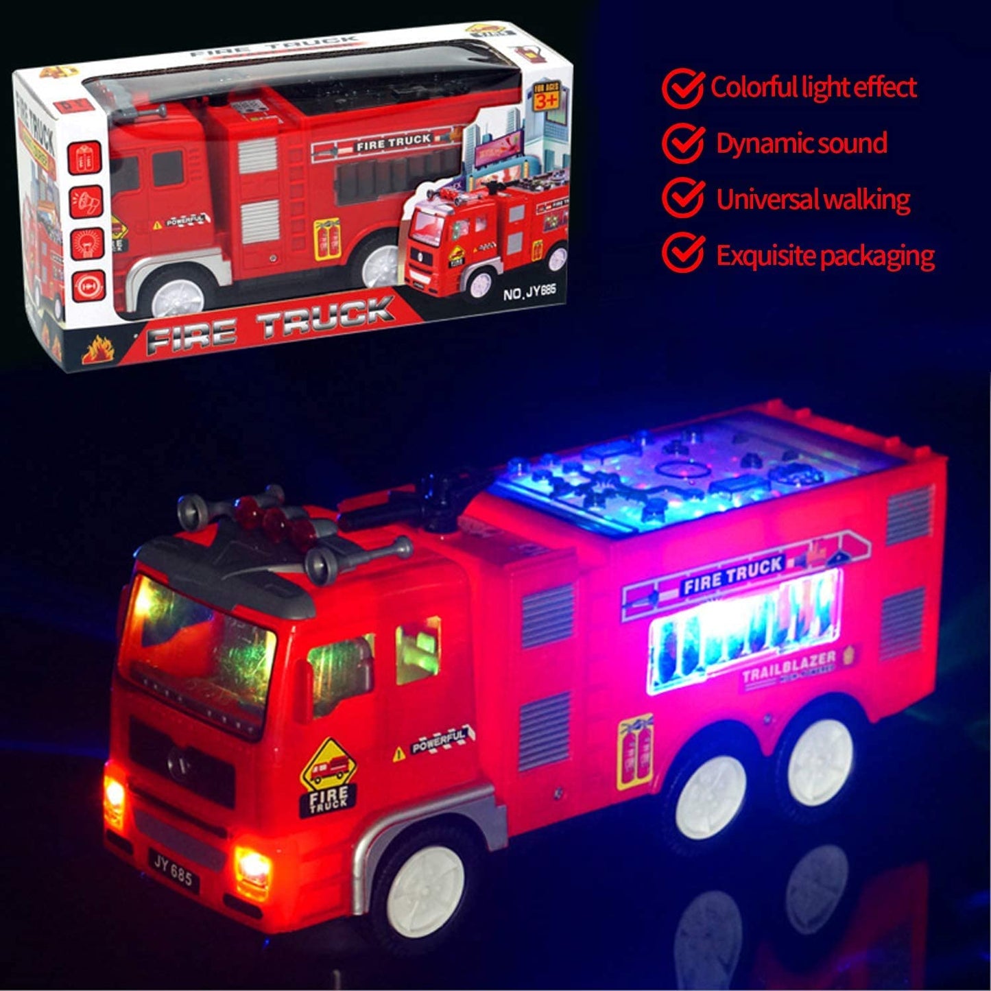 4D Lights up Trucks Toys for 3 4 5 6 Year Old Boys Girls,Toddler Toys Electric Fire Truck with Bright Flashing Lights and Sounds,Bump&Go Car Toy for Imaginative Play(Fire Truck)