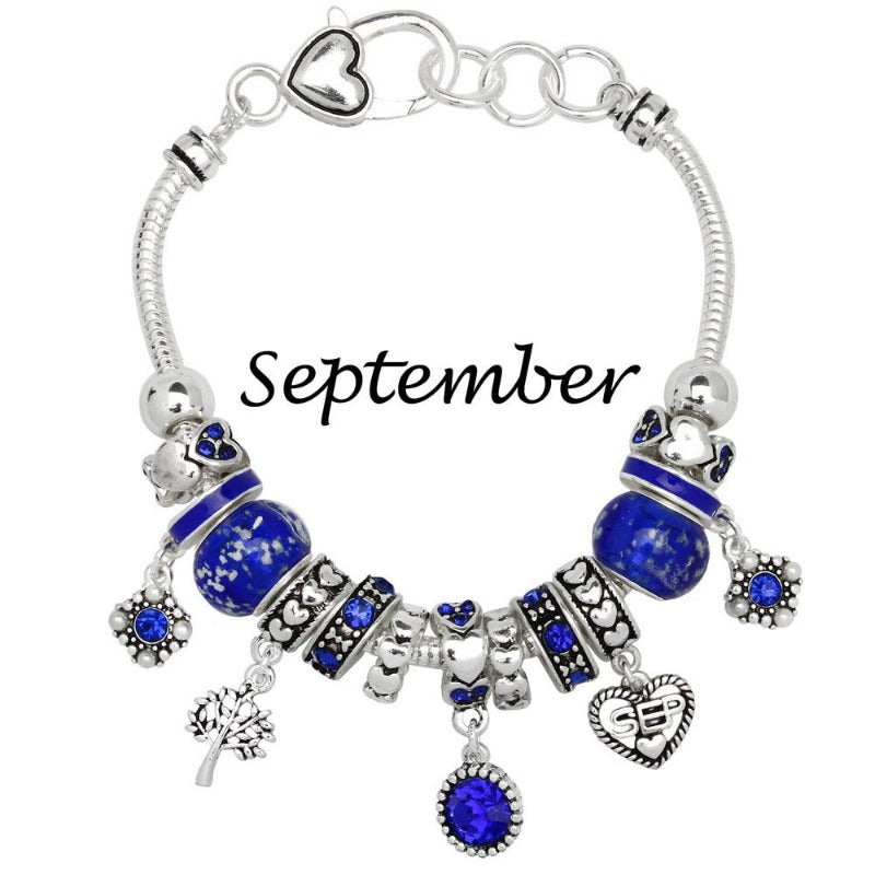 Birthstone Bracelet Multi-Color Charm Beads Silvertone