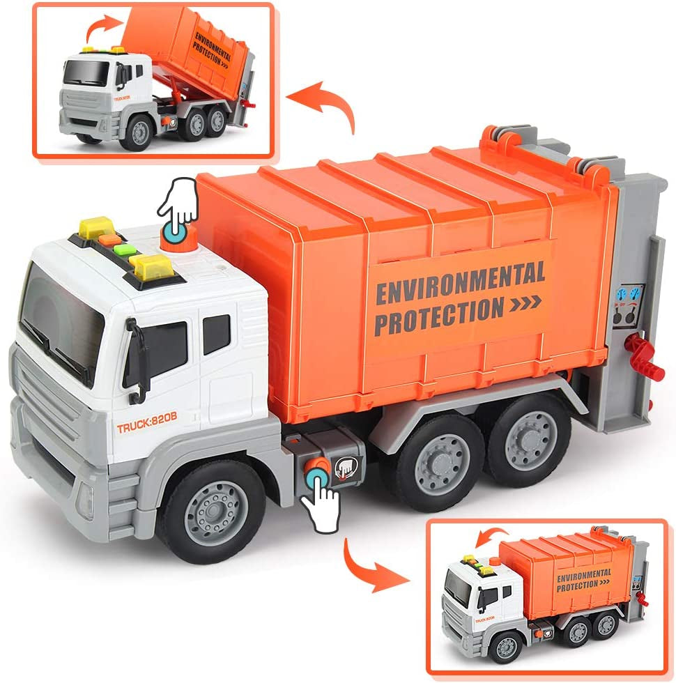 12" Garbage Truck Toys Trash Truck Dump Truck with 4 Garbage Cans, Friction Powered Truck with Sound and Light ,Push and Go Pull Back Car for Boys