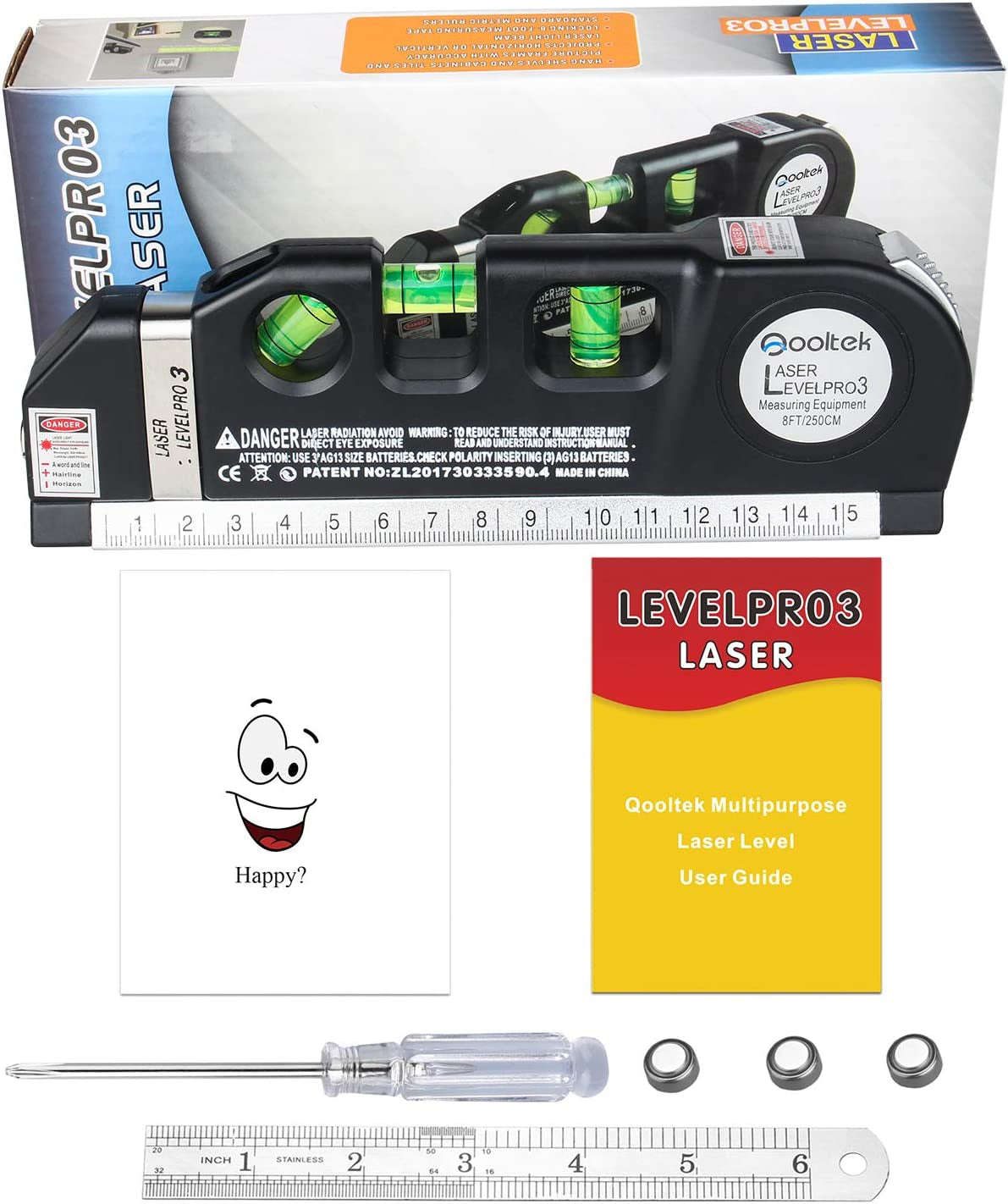 Laser Level Line Tool, Qooltek Multipurpose Cross Line Laser 8 feet Measure Tape Ruler Adjusted Standard and Metric Rulers for hanging pictures