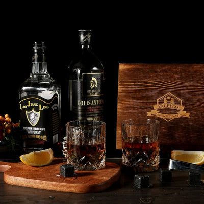 Whiskey Stones Glass Gift Set - Bourbon Scotch Whiskey Glass Set of 2 - Granite Chilling Rocks in Premium Wooden Box