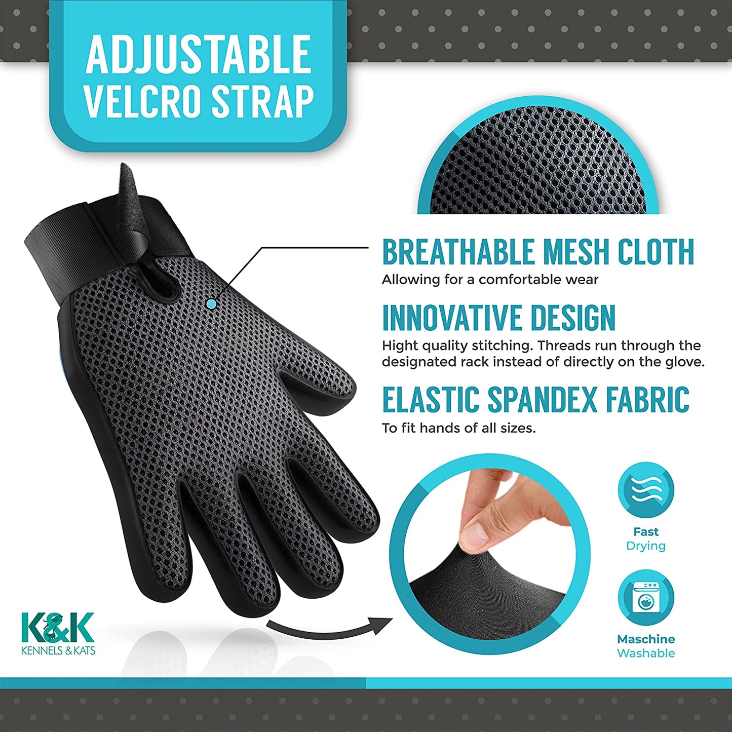 Grooming Glove | Deshedding Glove for Easy, Mess-Free Grooming | Grooming Mitt for Dogs, Cats, Rabbits & Horses with Long/Short/Curly Hair | Pet Hair Gloves for Pet Hair Removal