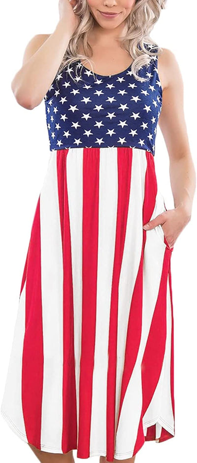  Women July 4th American Flag Sleeveless Dress with Pockets