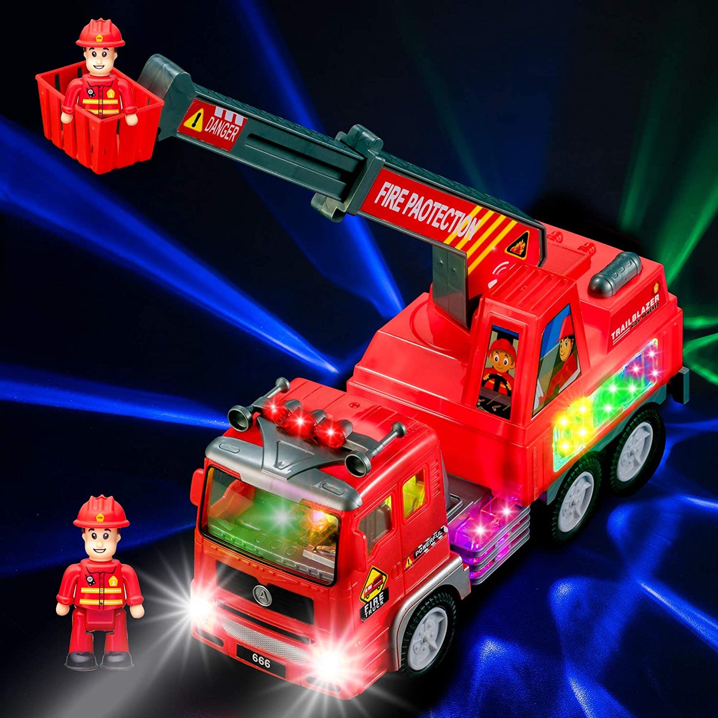 Fire Engine Ladder Truck for Kids with Two Fireman Figures - 4D Lights & Real Siren Sounds | Bump and Go Toy - Automatic Steering on Contact - Imaginative Play