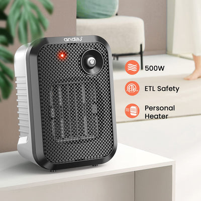 Andily 500W Space Heater Electric Heater for Home&Office Indoor Use Small Heater on Desk with Safety Power Switch PTC