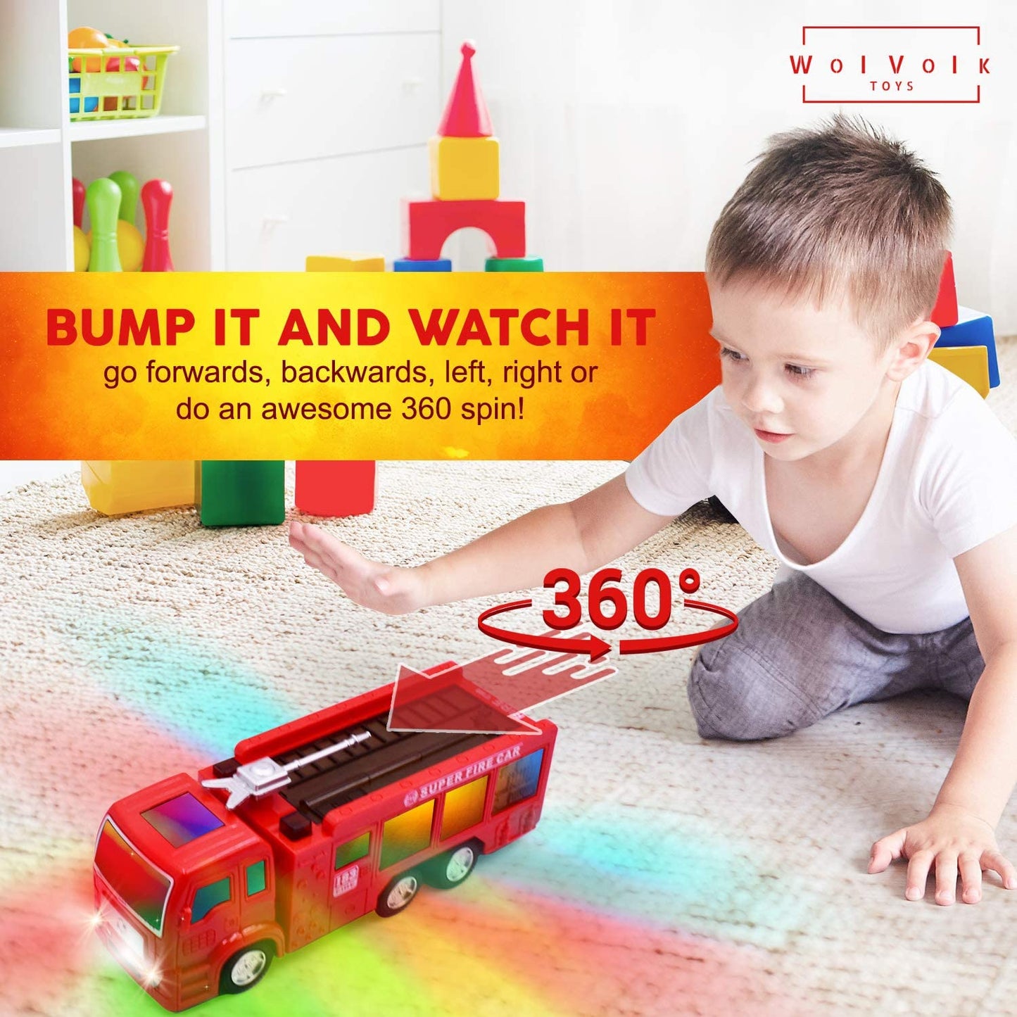 Wolvol Electric Fire Truck Toy with Stunning 3D Lights and Sirens, Goes around and Changes Directions on Contact - Great Gift Toys for Kids