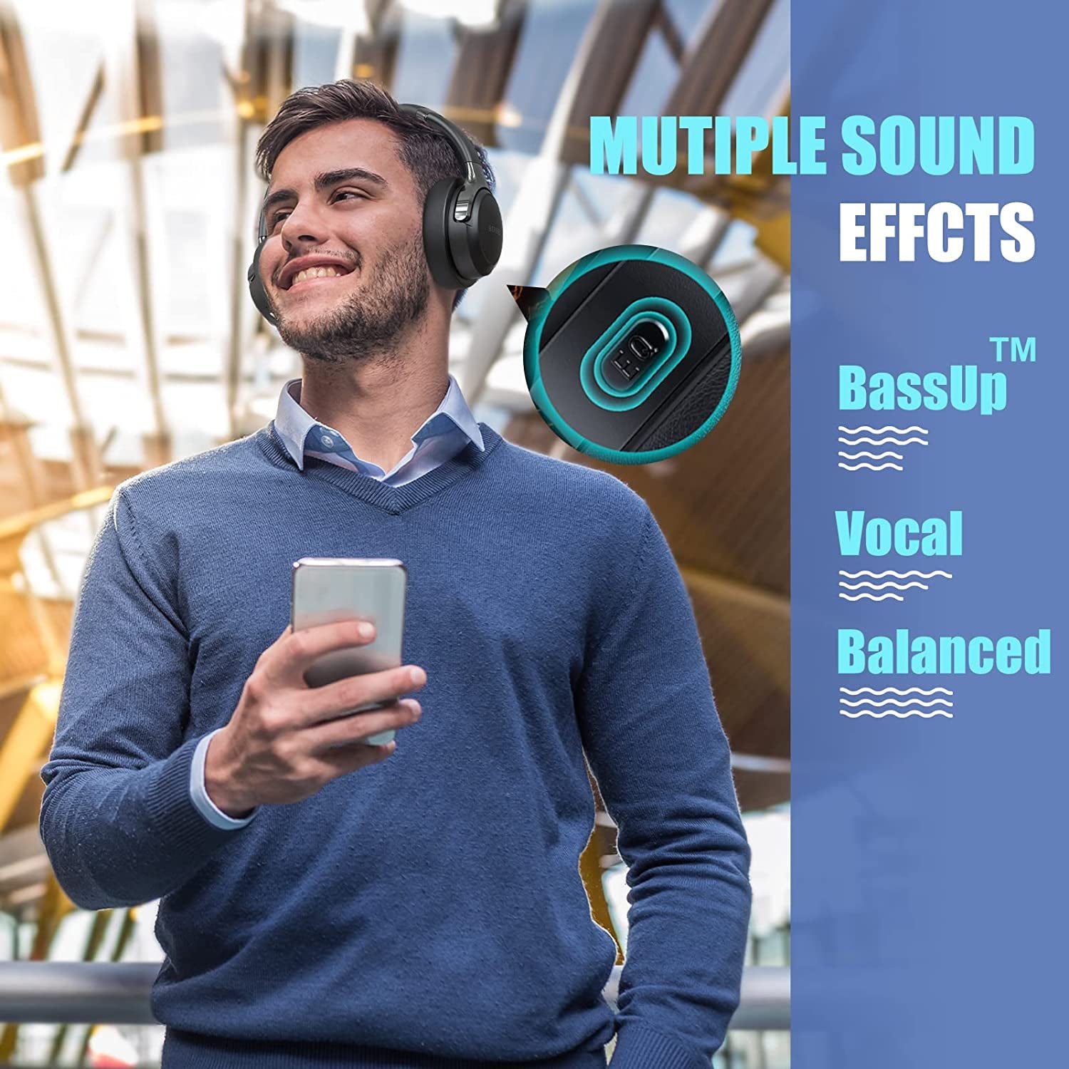 Bluetooth Headphones over Ear, 65H Playtime and 3 EQ Music Modes Wireless Headphones with Microphone, Hifi Stereo Foldable Lightweight Headset, Deep Bass for Home Office Cellphone PC TV