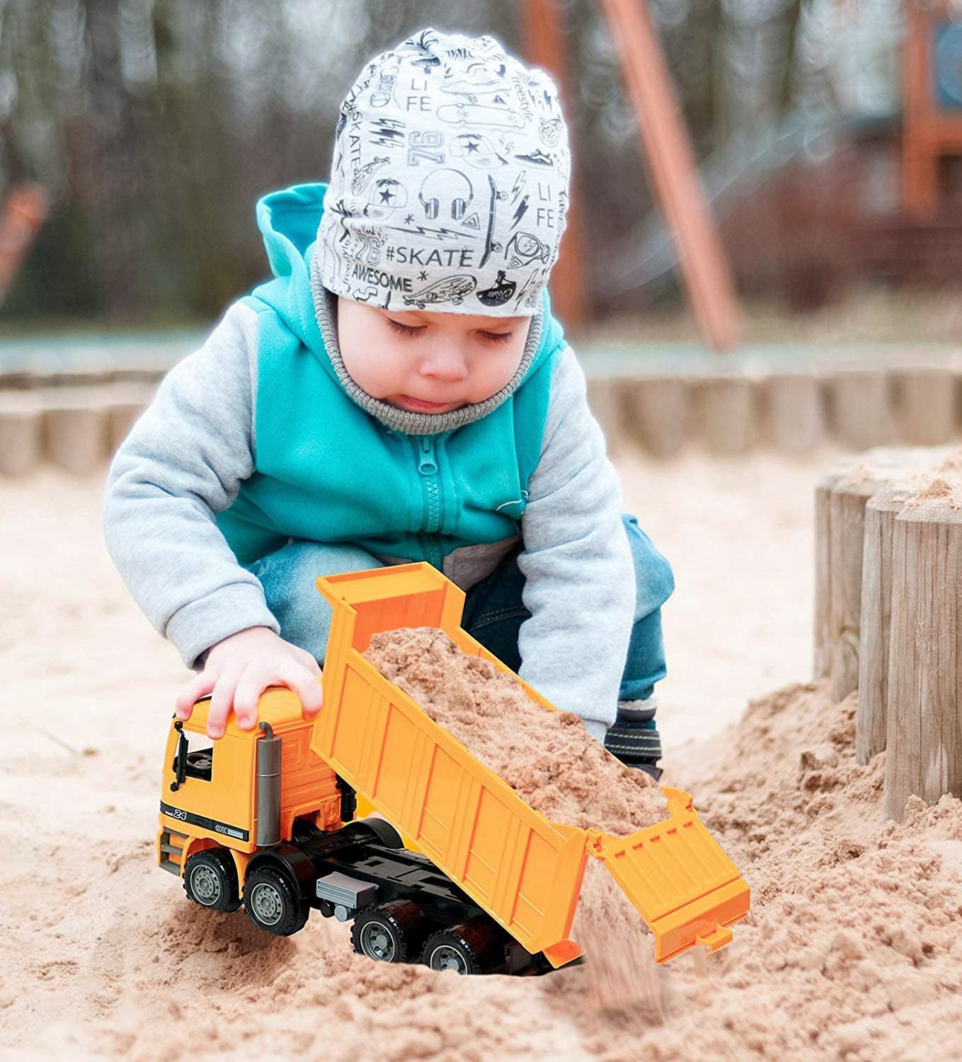 Oversized Dump Truck Toy for Kids Play, Big Friction Powered Toy Construction Vehicle with Lifting Dumping Bed