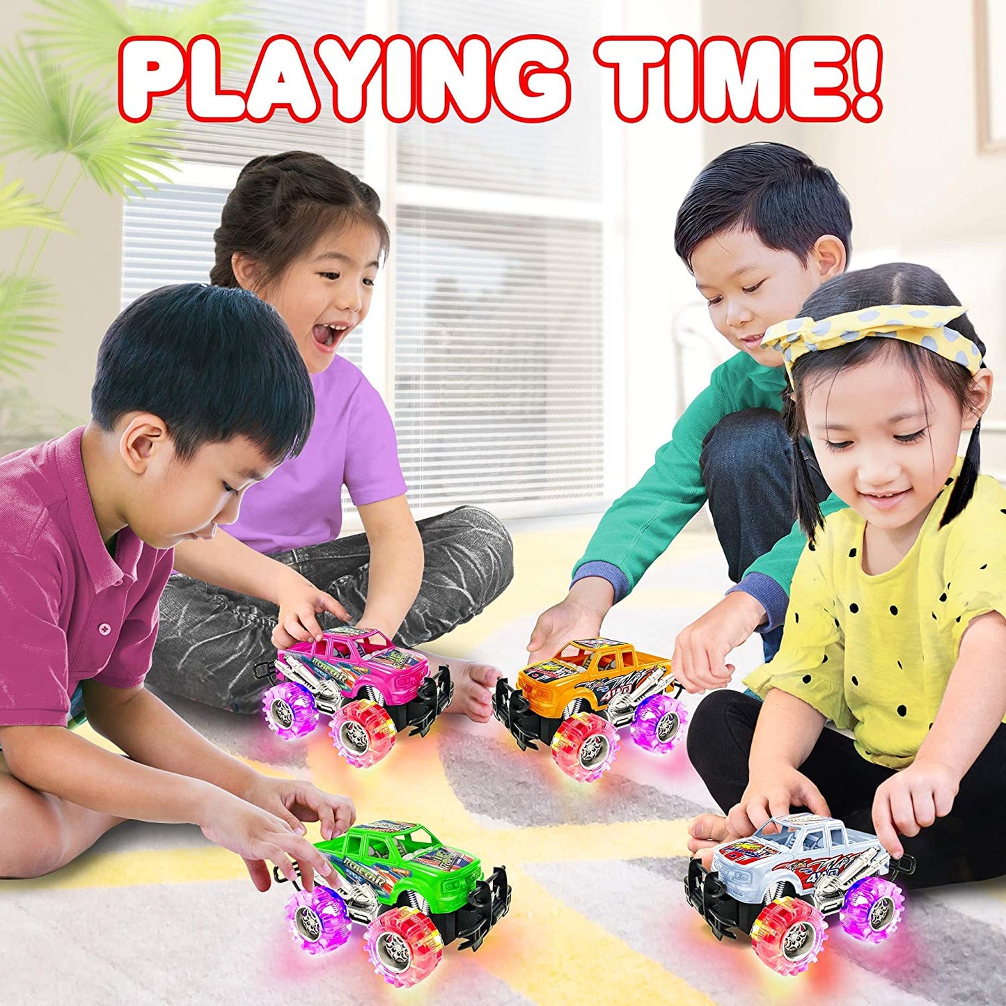 Artcreativity Light up Monster Truck Set for Kids,- Includes 4, 6 Inch Trucks with Beautiful Flashing LED Tires,- Push N Go Toy Cars for Boys and Girls,- Best Gift for Kids Age 3 - 6 Years Old and Up