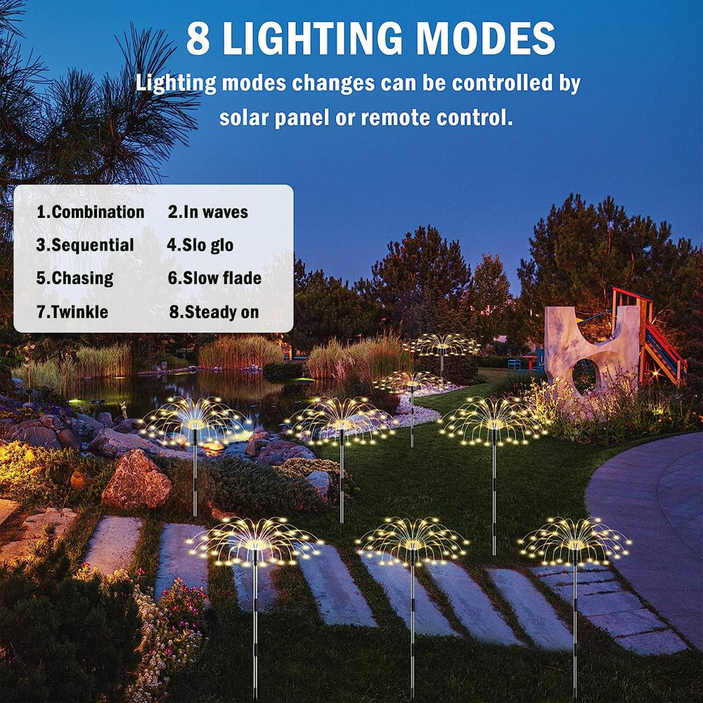 Outdoor Solar Lights,Solar Firework Light, 4 Pack Solar Garden Lights with 120 LED Stake Starburst Lights 8 Modes Patio Fairy Lights for Pathway Lawn Backyard Decoration(Warm White)