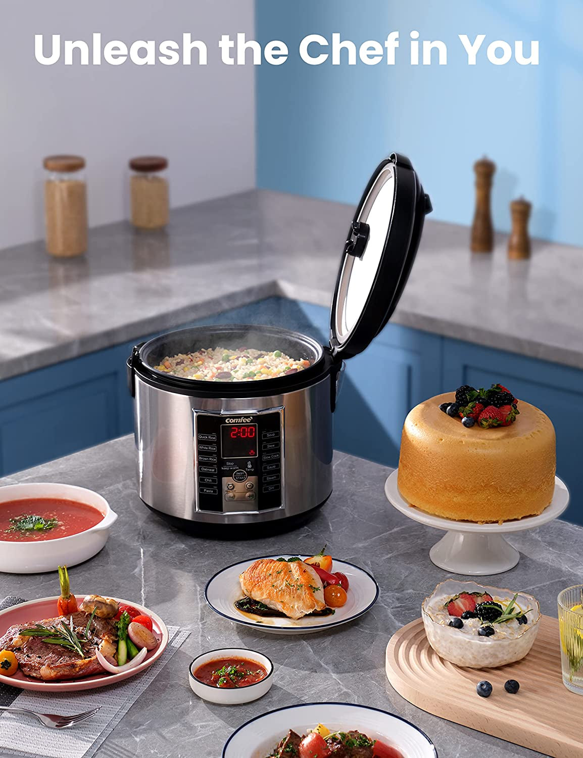 COMFEE' Rice Cooker, Slow Cooker, Steamer, Stewpot, Saute All in One (12 Digital Cooking Programs) Multi Cooker (5.2Qt ) Large Capacity, 24 Hours Preset & Instant Keep Warm