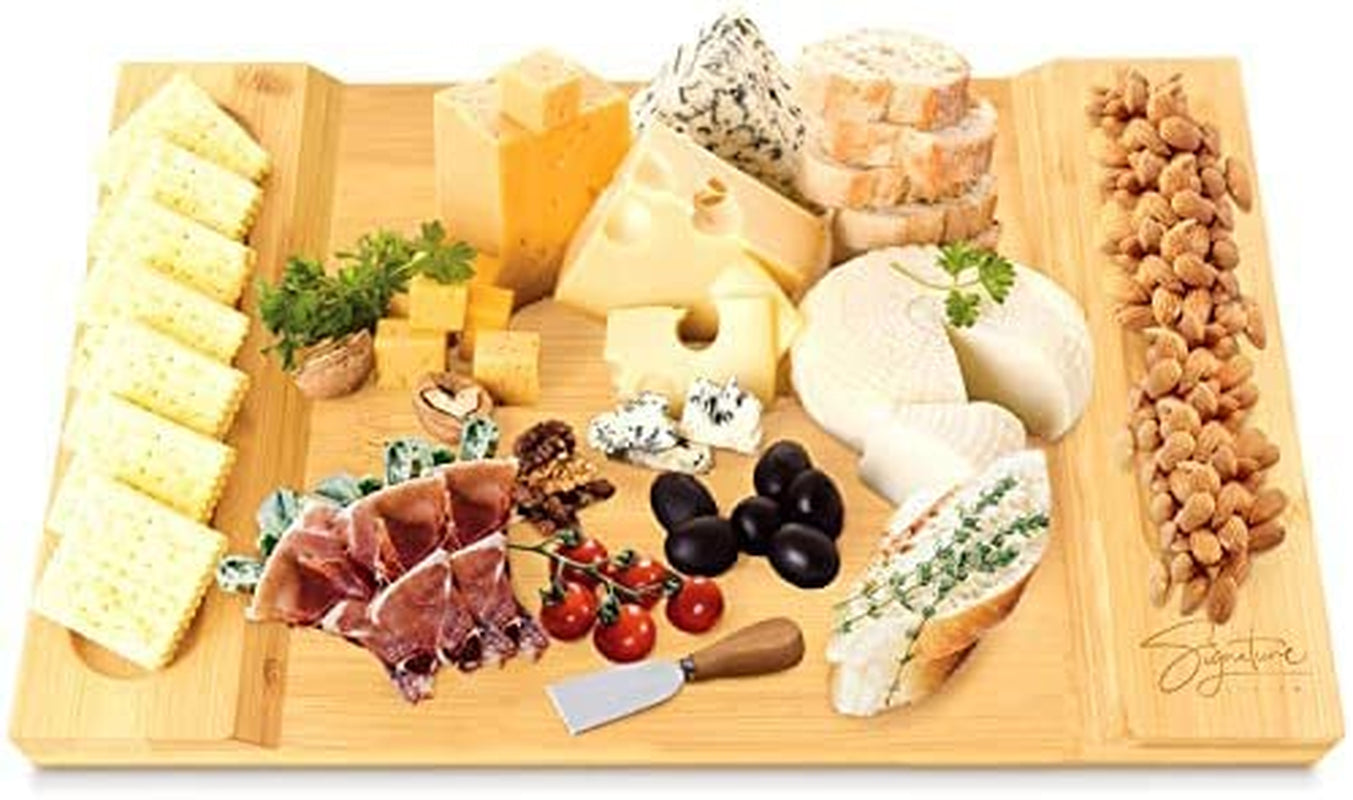Signature Living Large Bamboo Cheese Board Charcuterie Board (16" X 10" X 1.2") Beautiful Serving Platter for Cheese, Crackers, Meat, Fruit - Durable Wooden Charcuterie Serving Board