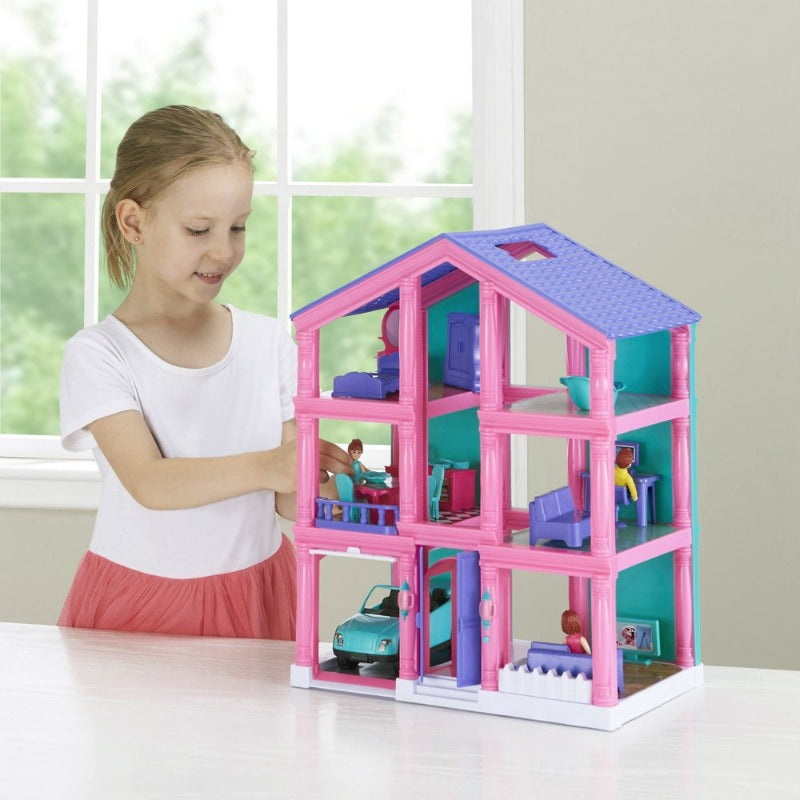 3-Story Dollhouse Play Set with Working Garage and Elevator, 24 Pieces