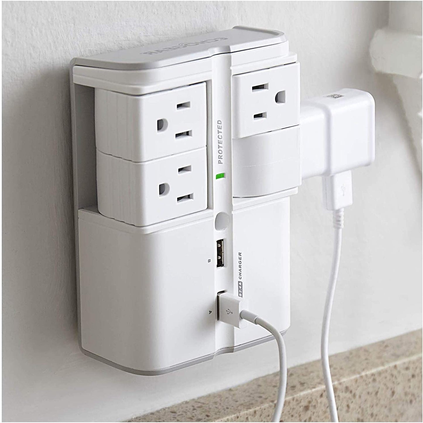 On-Wall Surge Protector with 4 Pivoting AC Outlets & 2 USB Ports – Packs 1080 Joules of Surge Protection & Installs on Existing Outlets to Protect Your Gear