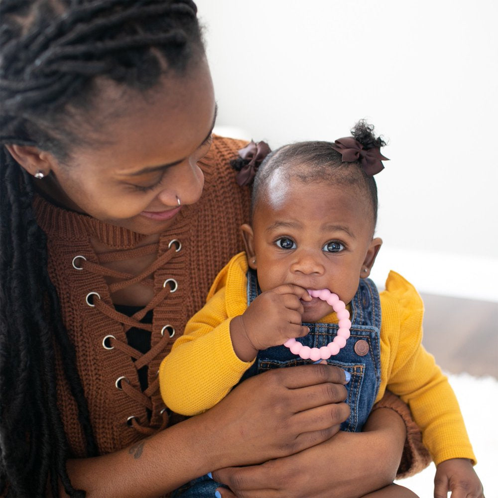 Dr. Brown’S Flexees Beaded Teether Rings, 100% Silicone, Soft & Easy to Hold, Encourages Self-Soothe, 3 Pack, Pink, White, Gray, BPA Free, 3M+