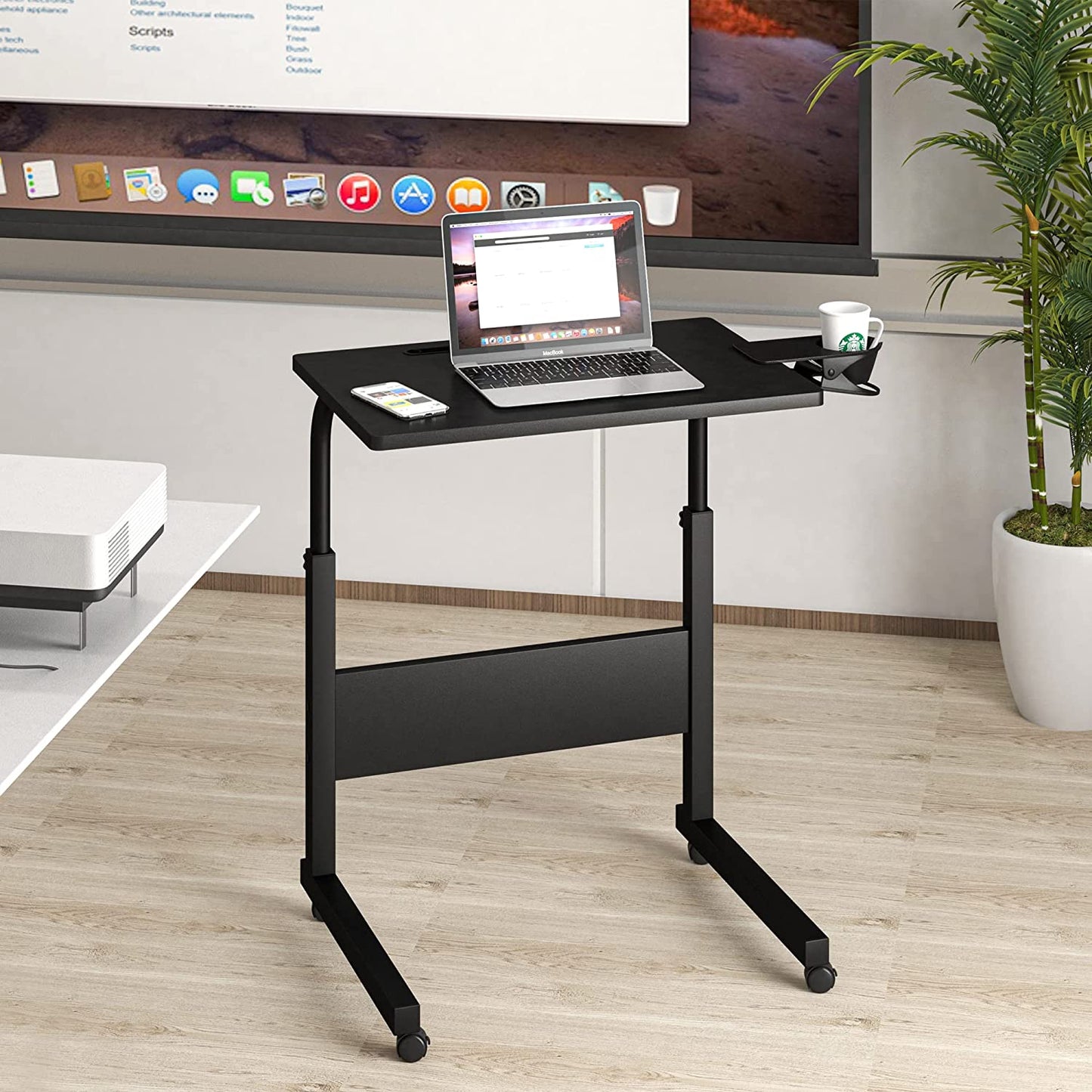 Standing Desk Adjustable Height, Stand up Desk with Cup Holder, Portable Laptop Desk, Mobile Standing Desk, Small Computer Desk, Bedside Table, Black Rolling Desk, Work Desk for Home Office