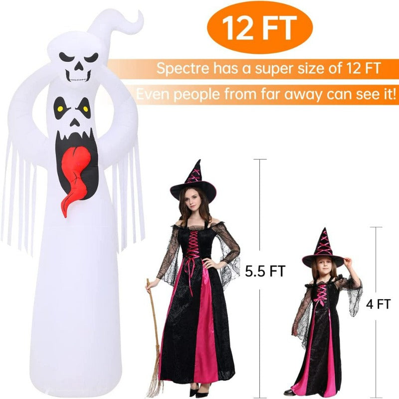 12Ft Giant Halloween Inflatables White Ghost with 3D Tongue and Holding Small Ghost above Head Built-In LED Flame Light, Blow up Outdoor Lawn Yard Garden Decorations