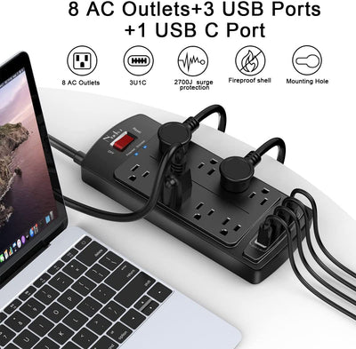 Surge Protector Power Strip , Extension Cord with 8 Outlets and 4 USB Ports, 6 Feet Power Cord (1625W/13A) , 2700 Joules, ETL Listed