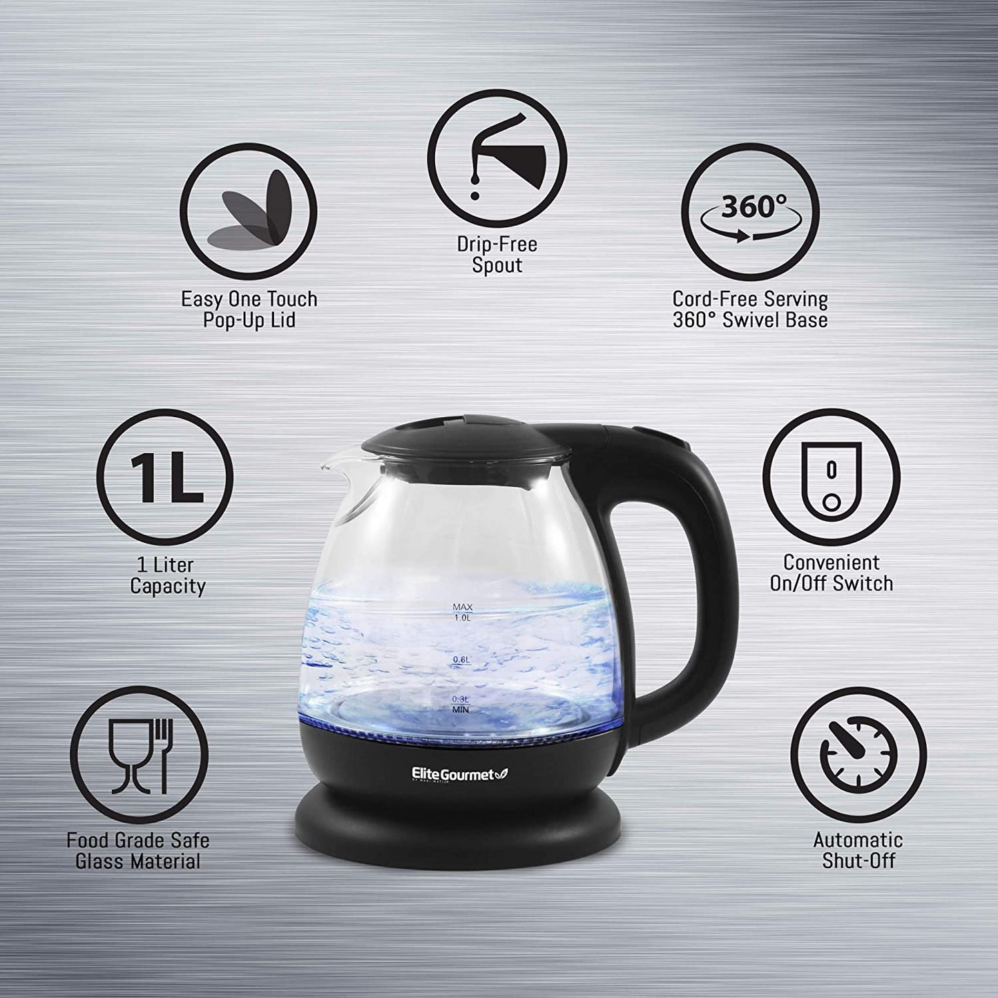 Electric 1.0L Bpa-Free Glass Kettle Cordless 360° Base, Stylish Blue LED Interior, Handy Auto Shut-Off Function – Quickly Boil Water for Tea & More