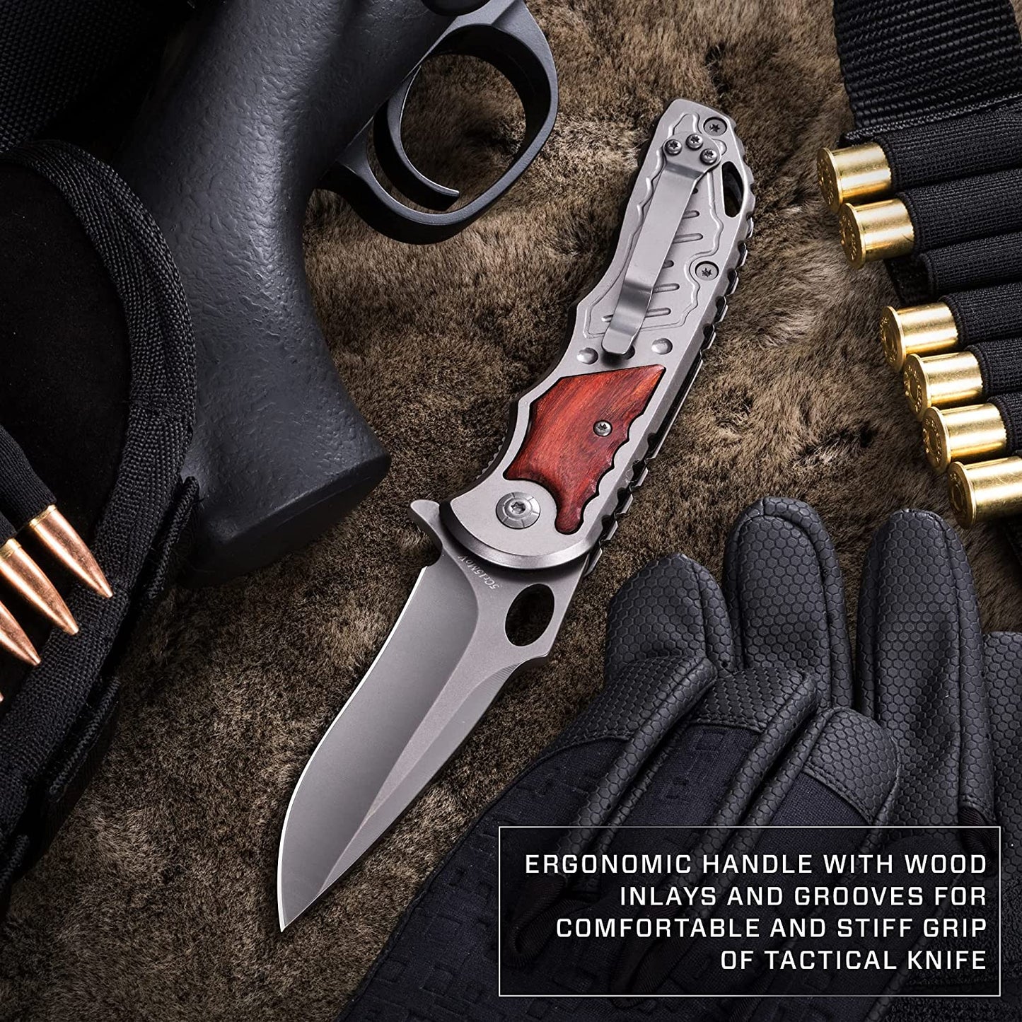 Pocket Knife - Spring Assisted Knife - Tactical Survival Folding Knives - Best EDC Camping Hiking Hunting Boy Scout Knofe Gear Accessories for Men Wood Handle Sharp Blade Knifes - Gift for Men 97010