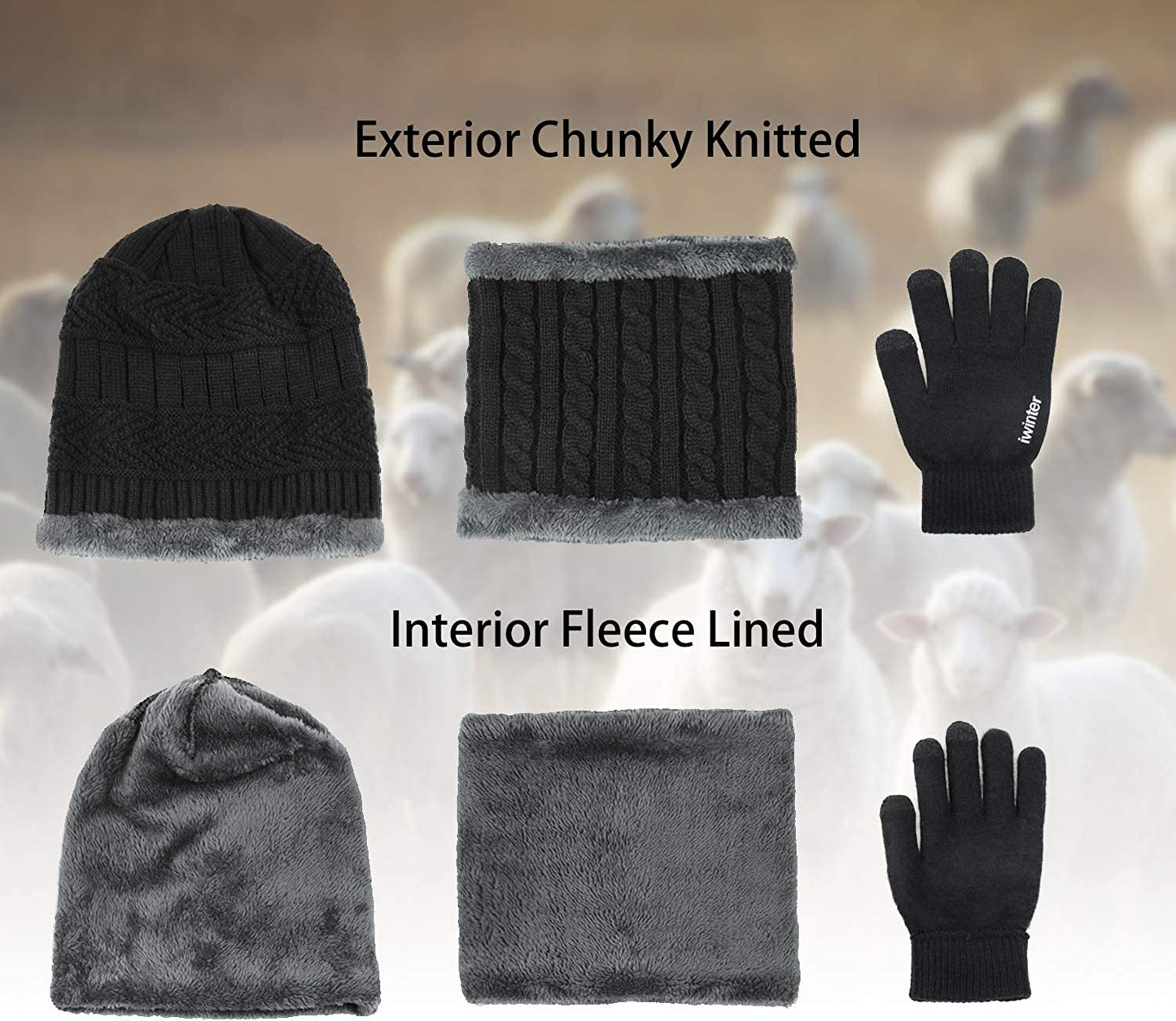 Winter Knit Sherpa Beanie Hat & Neck Warmer Scarf & Touch Screen Gloves Set 3 Pcs Sherpa Lined Skull Cap for Men Women