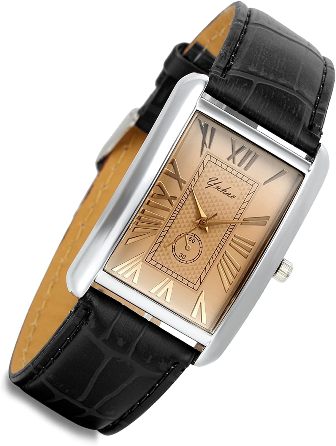 Retro Vintage Square Quartz Analog Watch Silver Tone Case Crocodile Pattern Brown Leather Business Casual Dress Wrist Watch for Christmas
